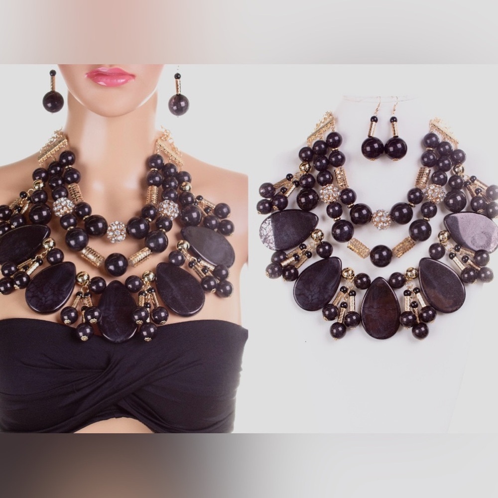 Stunning black, gold, rhinestone necklace set. Showstopper!